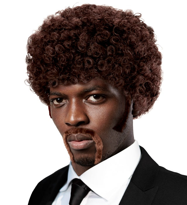Afro-Perücke mit Koteletten und Schnurrbart auf weißem Hintergrund