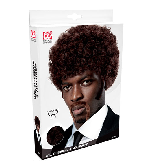 Afro-Perücke mit Koteletten und Schnurrbart auf weißem Hintergrund