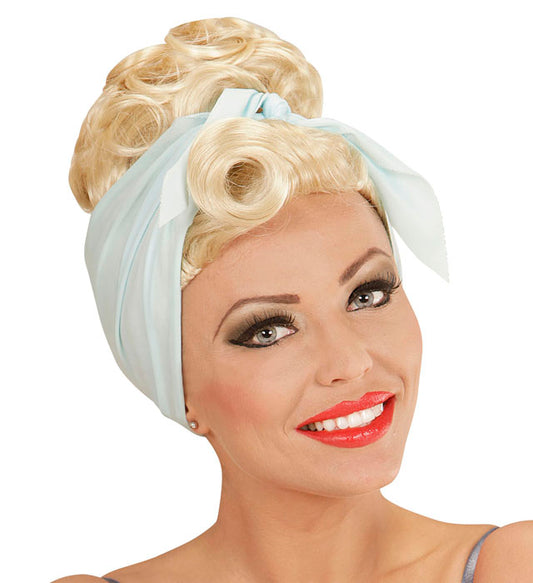 Blonde Rockabilly Pin-Up Girl Perücke mit rotem Haarband in Box