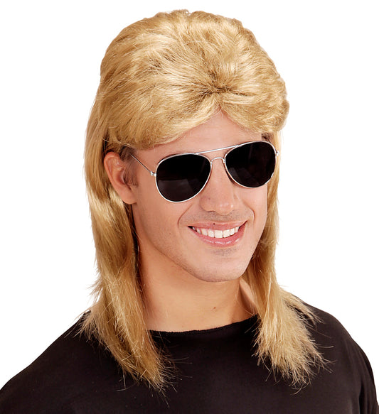 Blonde 80er Vokuhila Perücke mit Brille