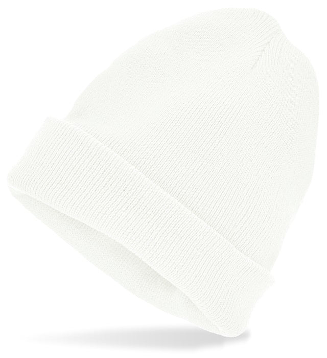 Weisse Beanie Mütze in Wolloptik auf neutralem Hintergrund
