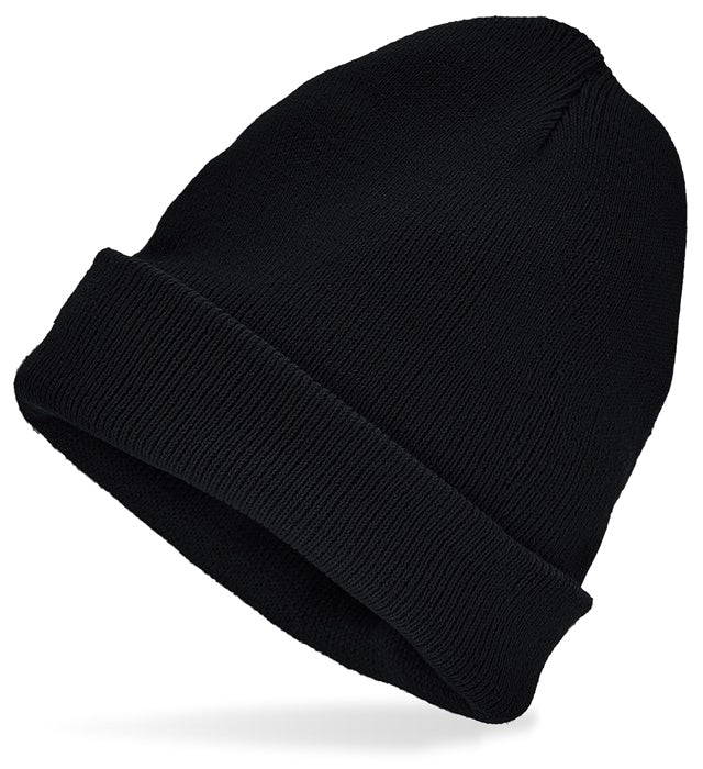 Schwarze Beanie Mütze in Wolloptik auf neutralem Hintergrund