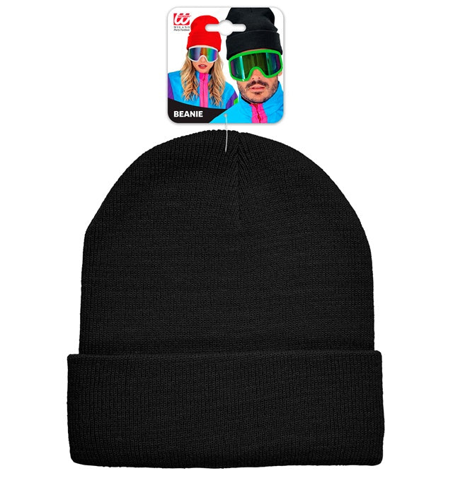Schwarze Beanie Mütze in Wolloptik auf neutralem Hintergrund