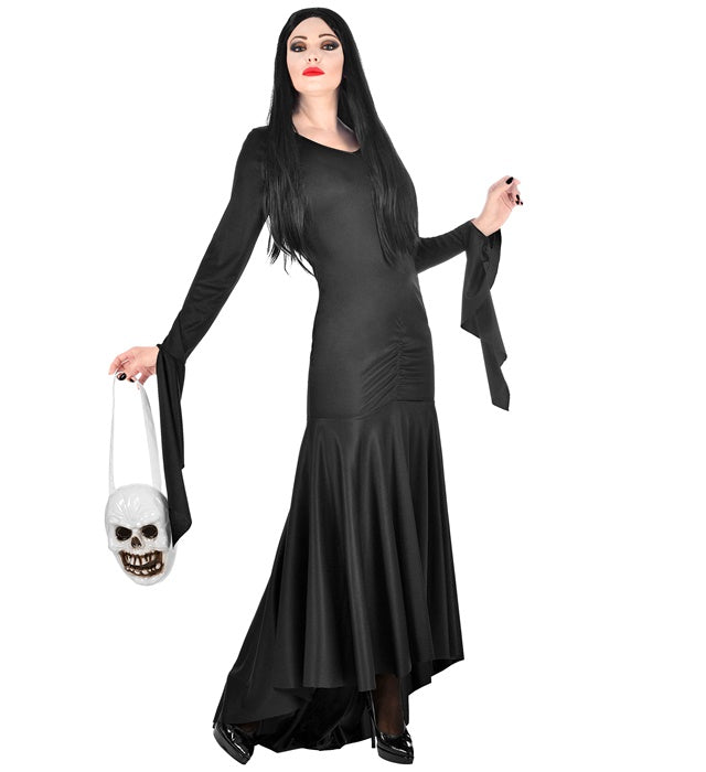 Mortisia Kostüm schwarzes Kleid mit Totenkopftasche für Fasnacht