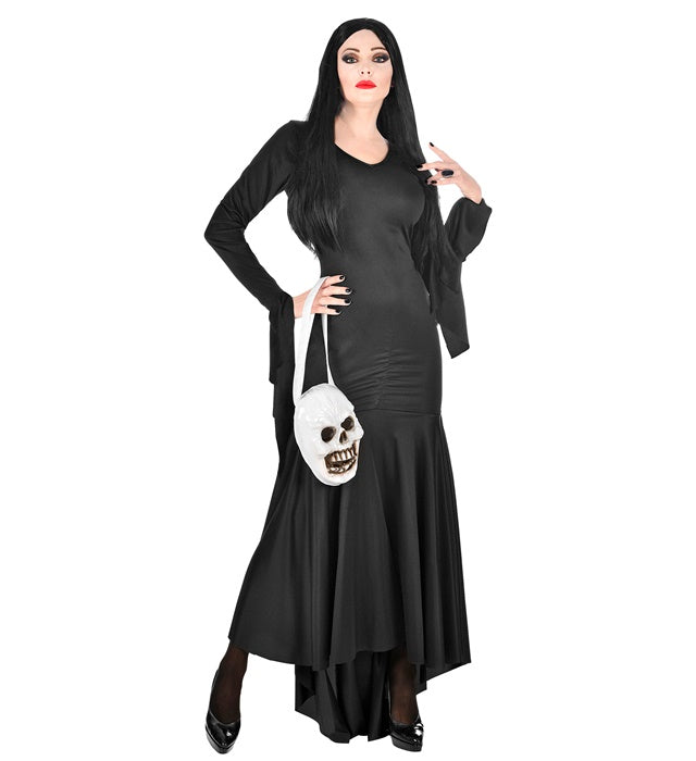 Mortisia Kostüm schwarzes Kleid mit Totenkopftasche für Fasnacht