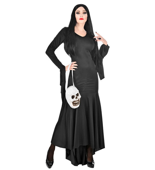 Mortisia Kostüm schwarzes Kleid mit Totenkopftasche für Fasnacht