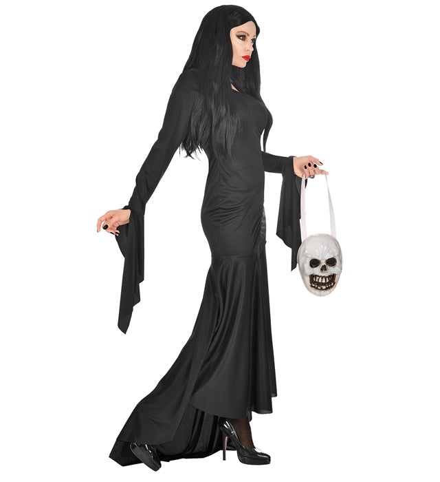 Mortisia Kostüm schwarzes Kleid mit Totenkopftasche für Fasnacht