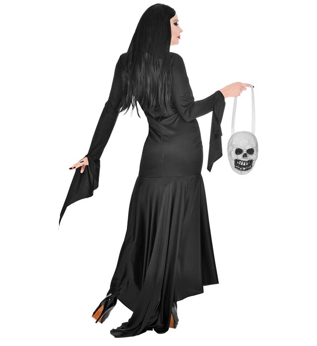 Mortisia Kostüm schwarzes Kleid mit Totenkopftasche für Fasnacht