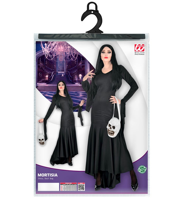 Mortisia Kostüm schwarzes Kleid mit Totenkopftasche für Fasnacht