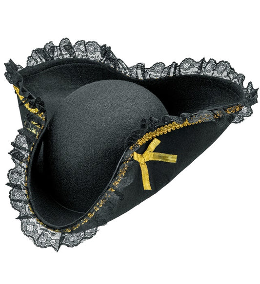 Dreispitz aus Filz mit Goldborte und Spitze, Piratenhut für Fasnacht