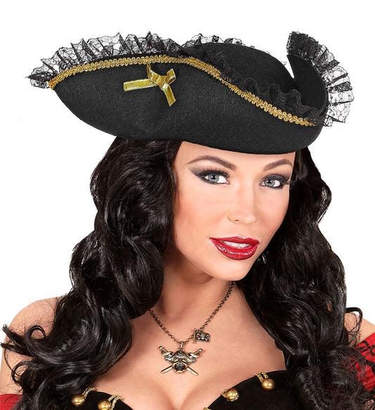 Dreispitz aus Filz mit Goldborte und Spitze, Piratenhut für Fasnacht