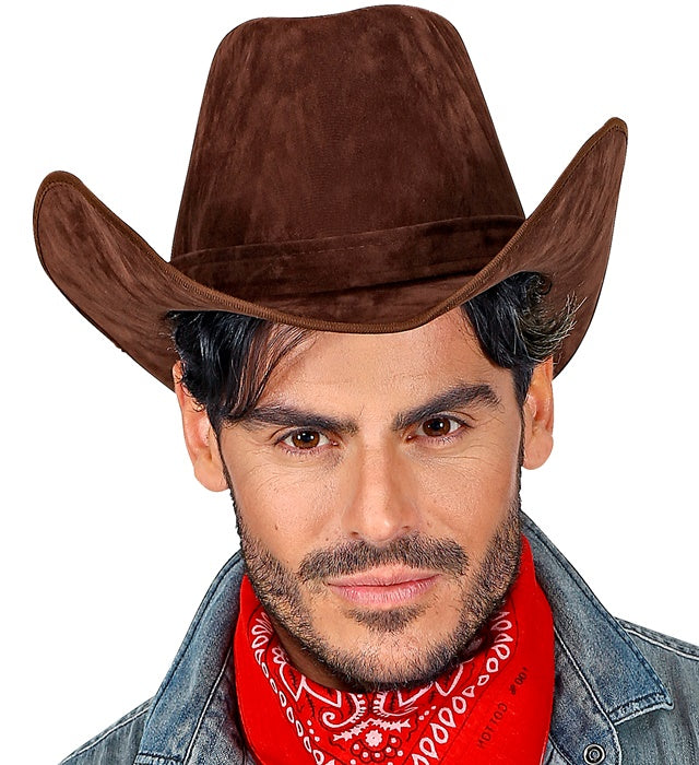 Brauner Cowboyhut aus Wildlederoptik für Westernkostüme und Fasnacht