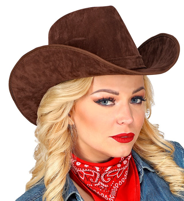 Brauner Cowboyhut aus Wildlederoptik für Westernkostüme und Fasnacht