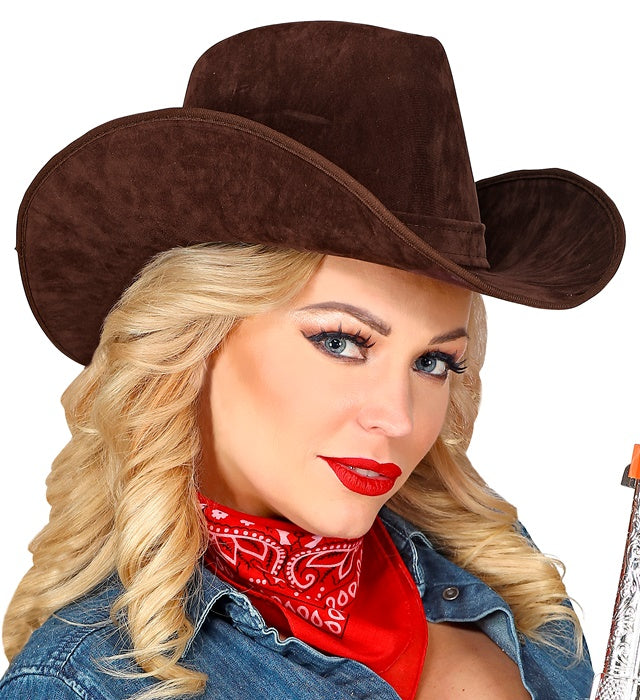 Brauner Cowboyhut aus Wildlederoptik für Westernkostüme und Fasnacht