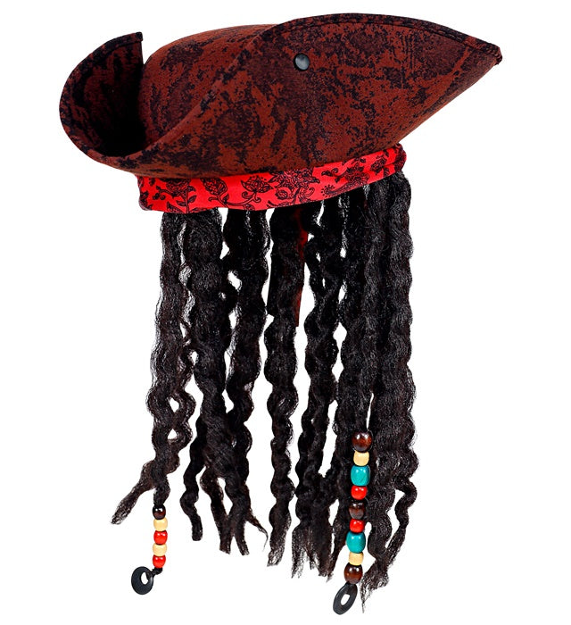 Piraten Dreispitz mit rotem Bandana und schwarzen Dreadlocks in Vintage Lederoptik