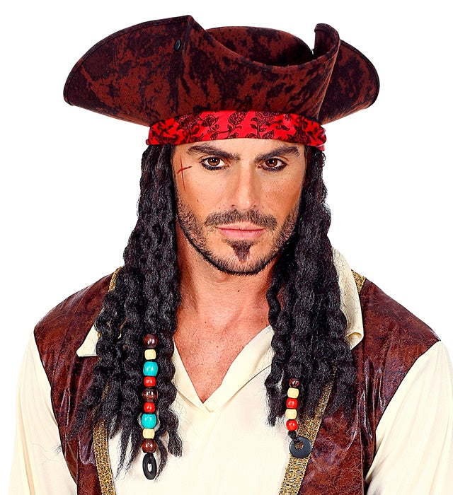 Piraten Dreispitz mit rotem Bandana und schwarzen Dreadlocks in Vintage Lederoptik