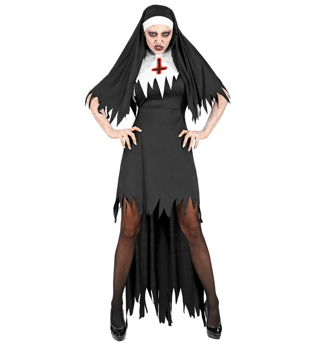 Horror Nonne Kostüm mit schwarzem Kleid und Haube für Fasnacht und Halloween