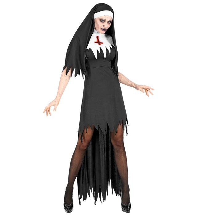 Horror Nonne Kostüm mit schwarzem Kleid und Haube für Fasnacht und Halloween