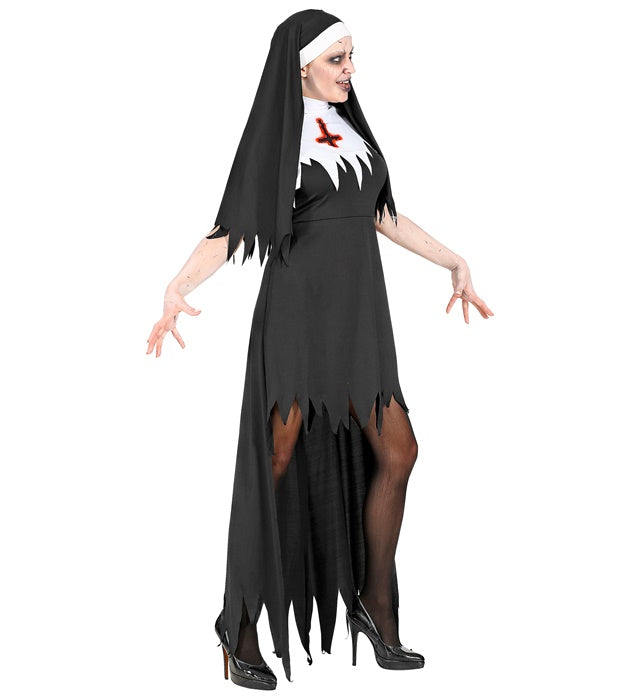Horror Nonne Kostüm mit schwarzem Kleid und Haube für Fasnacht und Halloween