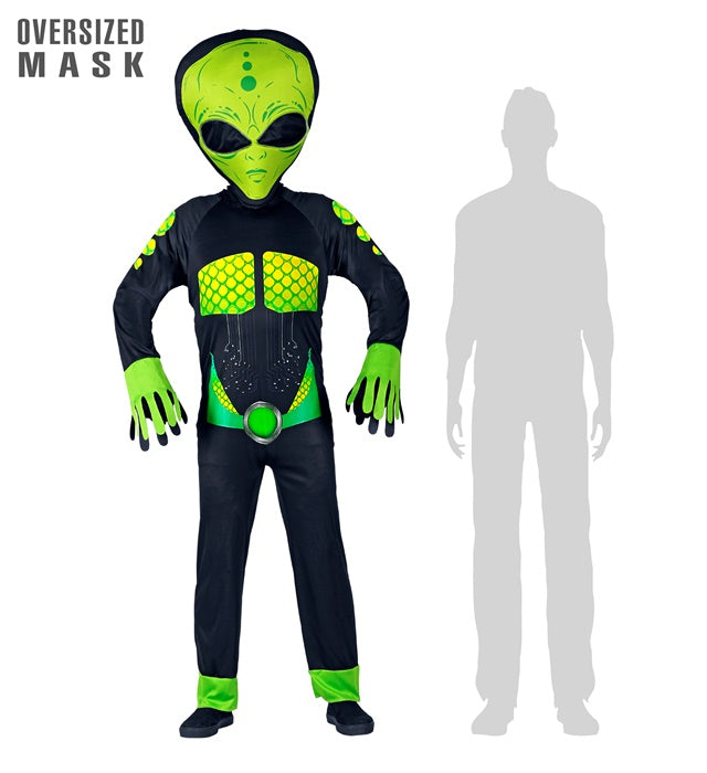 Alien-Kostüm mit Overall und großer Maske für Fasnacht