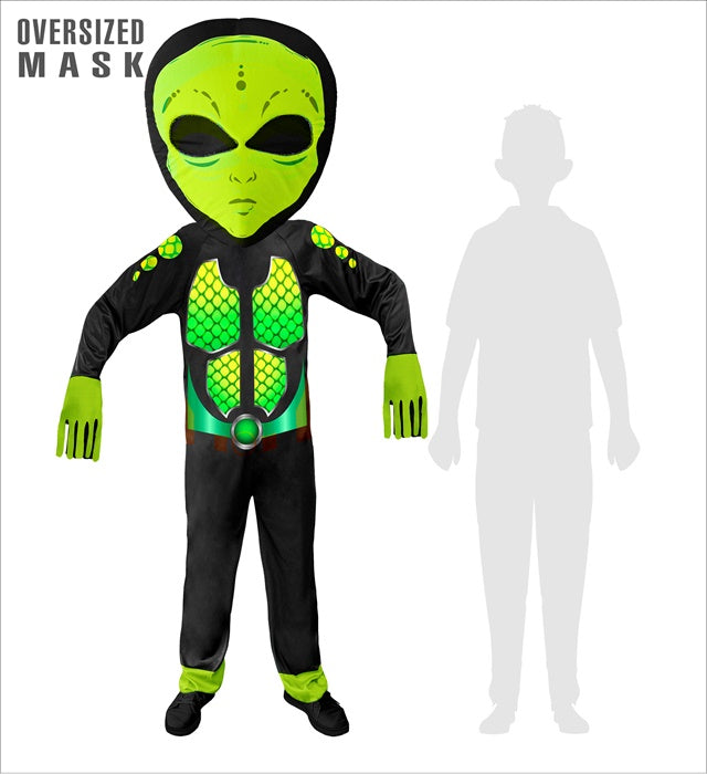 Alien-Kostüm mit großem Overall und Riesenmaske für Fasnacht