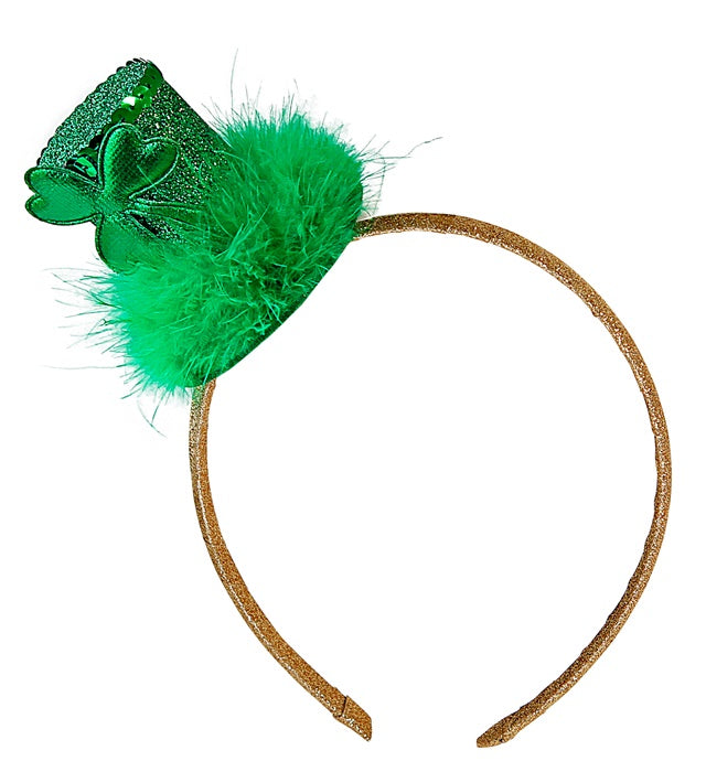 Grüner Mini-Zylinder mit Kleeblatt und Marabou auf Haarreif für St. Patrick's Day