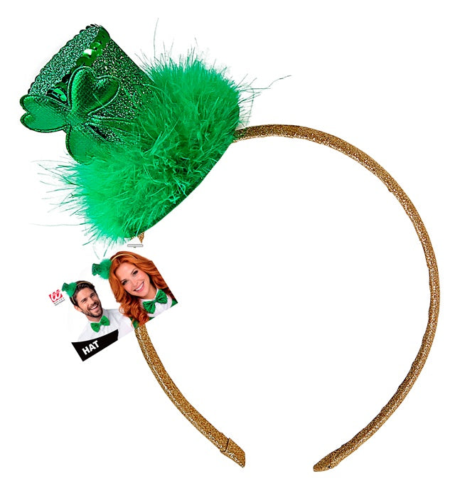 Grüner Mini-Zylinder mit Kleeblatt und Marabou auf Haarreif für St. Patrick's Day