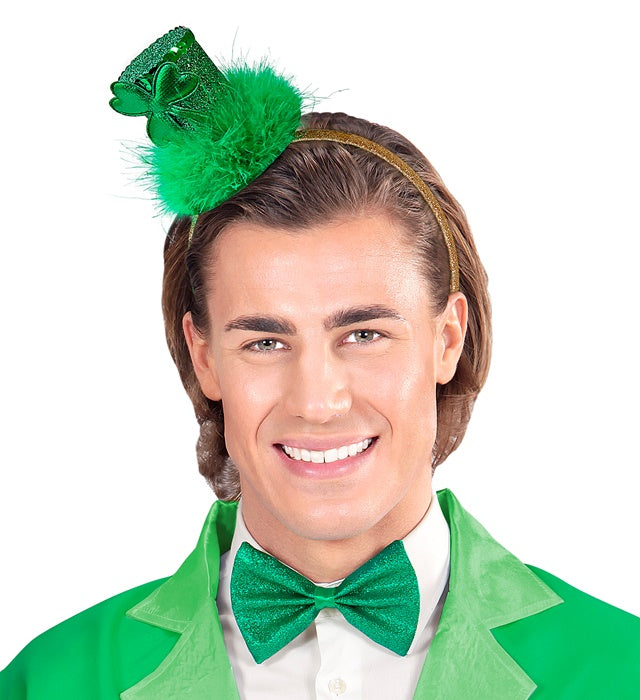 Grüner Mini-Zylinder mit Kleeblatt und Marabou auf Haarreif für St. Patrick's Day