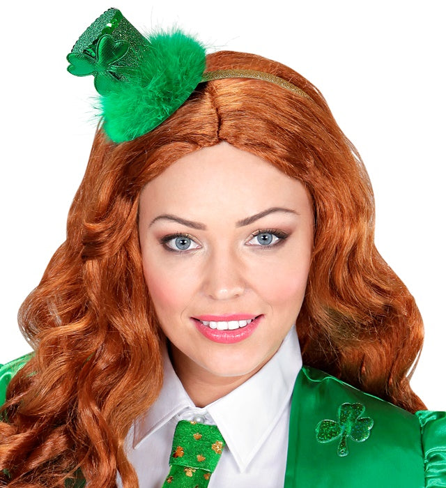 Grüner Mini-Zylinder mit Kleeblatt und Marabou auf Haarreif für St. Patrick's Day