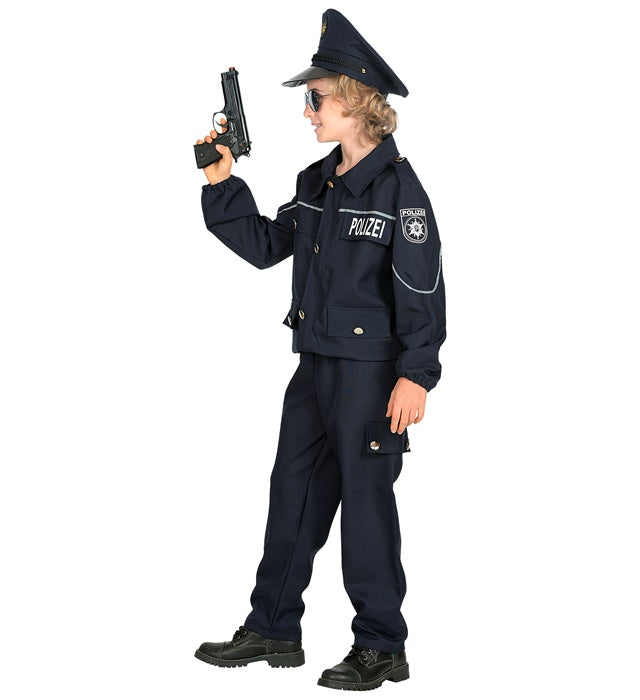 Polizistenkostüm mit schwarzem Oberteil, Hose und Polizeimütze für Fasnacht