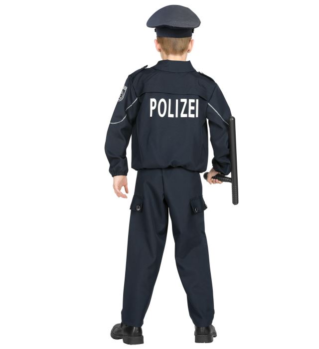 Polizistenkostüm mit schwarzem Oberteil, Hose und Polizeimütze für Fasnacht