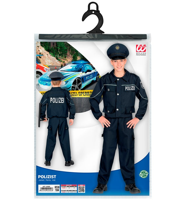 Polizistenkostüm mit schwarzem Oberteil, Hose und Polizeimütze für Fasnacht