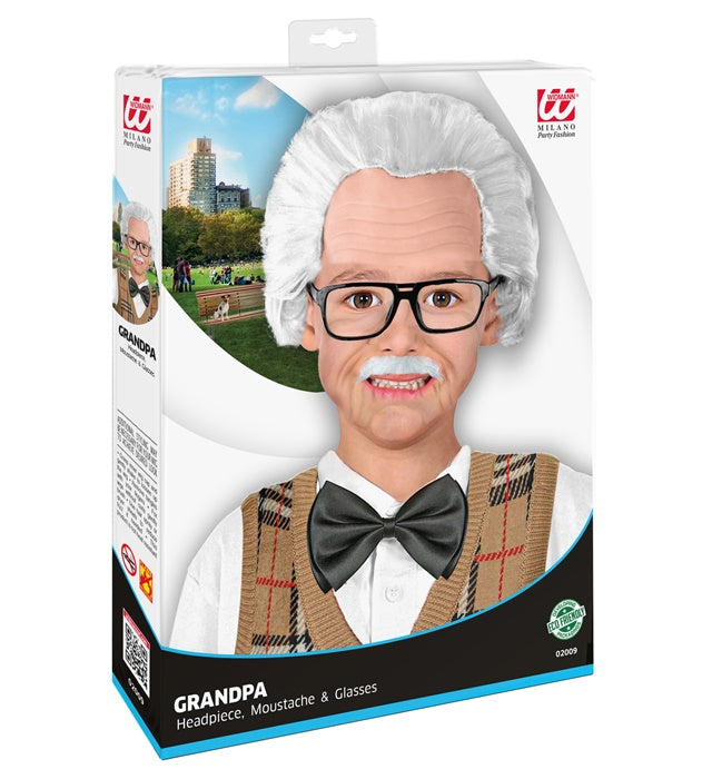 Opa-Perücke mit Glatze, Schnurrbart und Brille in Box