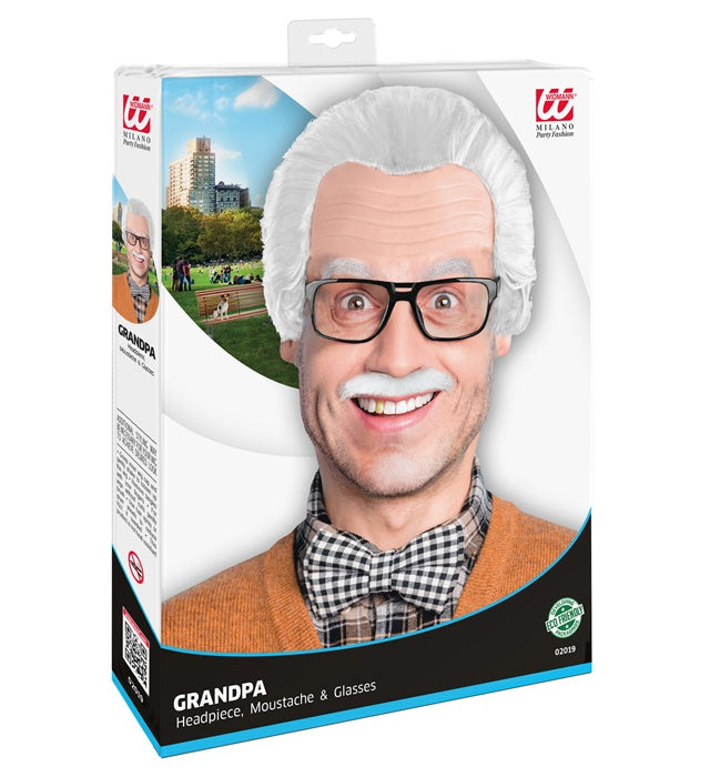 Opa Perücke mit Glatze, Schnurrbart und Brille in Box