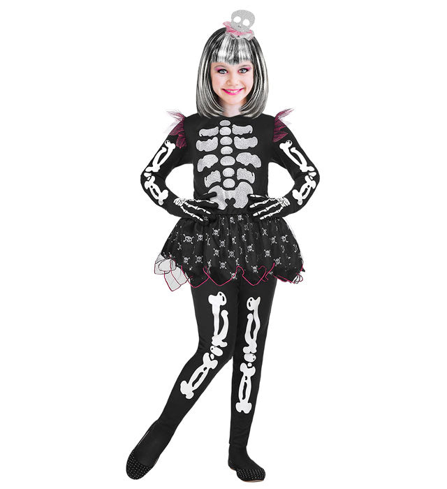 Skelett-Kostüm mit Bluse, Tutu, Hose und Kopfbedeckung für Fasnacht