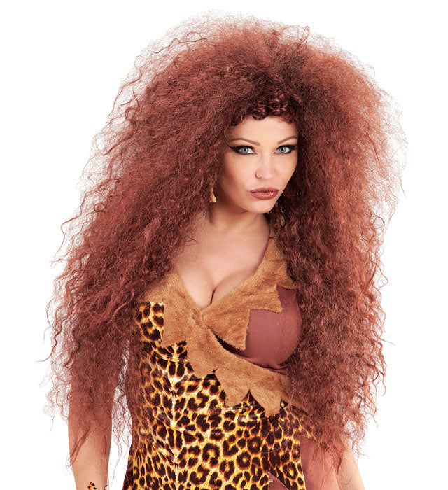 Wilde Steinzeitlady Perücke mit voluminösem, wildem Haar in braun