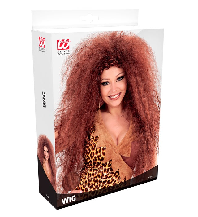 Wilde Steinzeitlady Perücke mit voluminösem, wildem Haar in braun