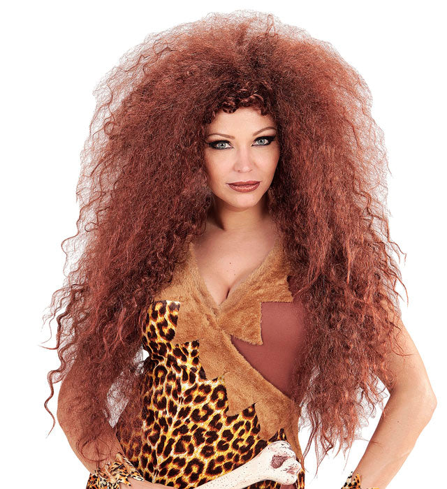 Wilde Steinzeitlady Perücke mit voluminösem, wildem Haar in braun