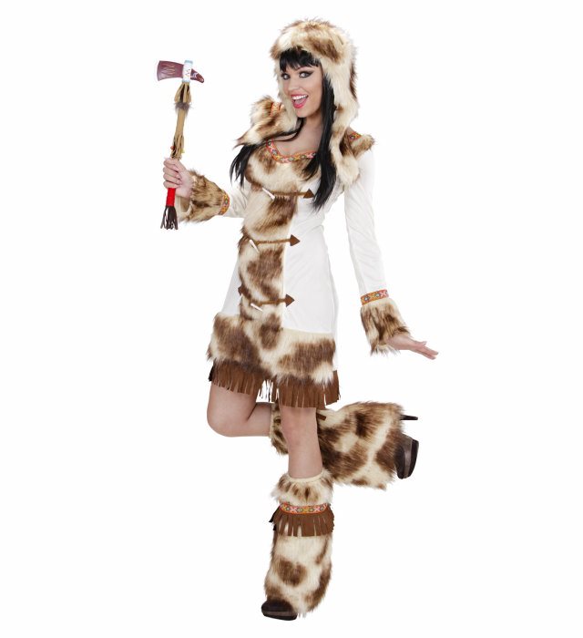 Indianerinnen-Kostüm mit Kleid, Kapuze und Stulpen für Fasnacht