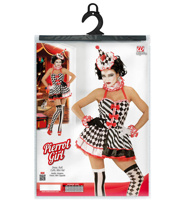 Pierrot Girl Kostüm mit Kleid, Halskrause, Manschetten und Minihut