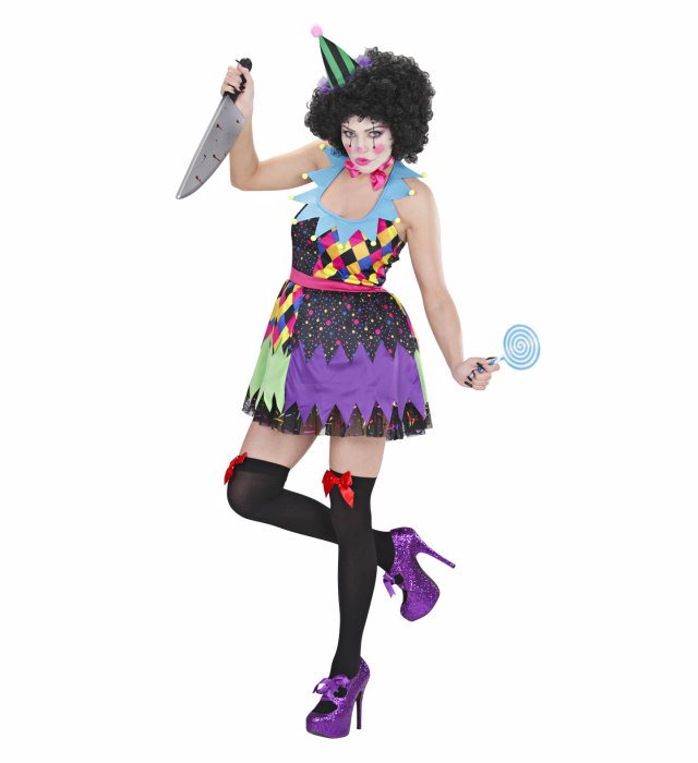 Horror Clown Kostüm mit Kleid, Fliege und Minihut für Fasnacht