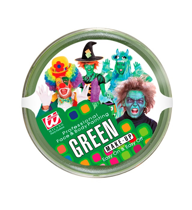 Grünes Make-up in offener Dose zum Schminken bei Fasnacht und Karneval