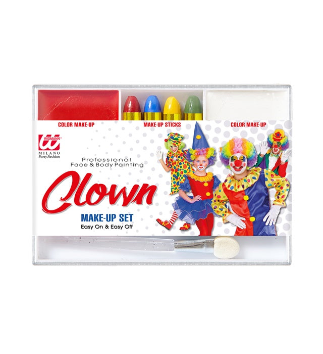 Clown Make-up Set mit Schminkstiften, rotem und weißem Make-up in Schale und Pinsel