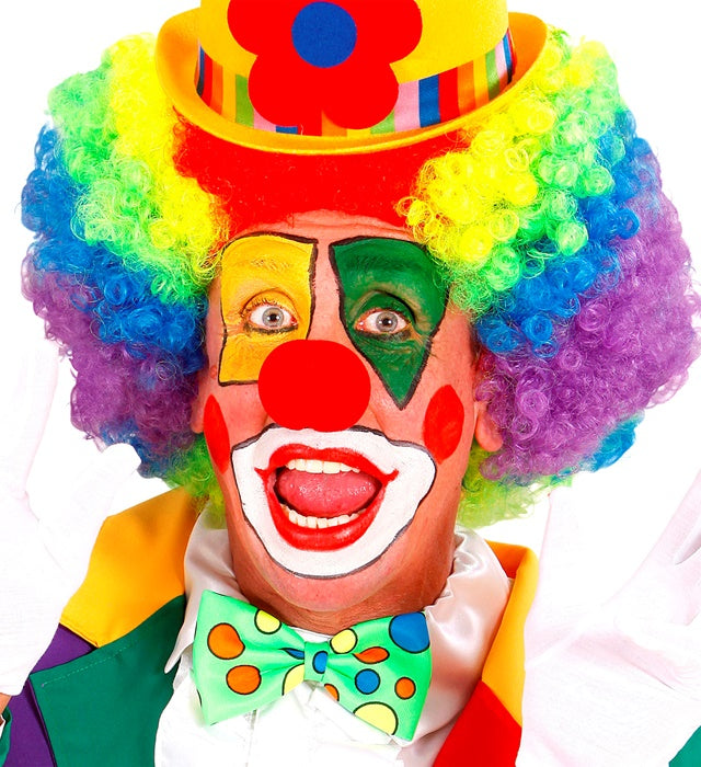 Clown Make-up Set mit Schminkstiften, rotem und weißem Make-up in Schale und Pinsel