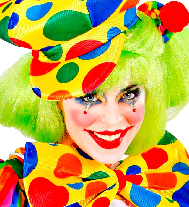 Clown Make-up Set mit Schminkstiften, rotem und weißem Make-up in Schale und Pinsel