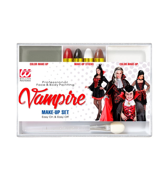 Vampir Make-up Set mit Schminkstiften, Pinsel und grauem sowie weißem Make-up in Schale