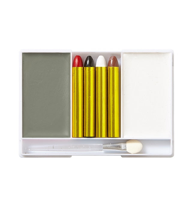 Vampir Make-up Set mit Schminkstiften, Pinsel und grauem sowie weißem Make-up in Schale