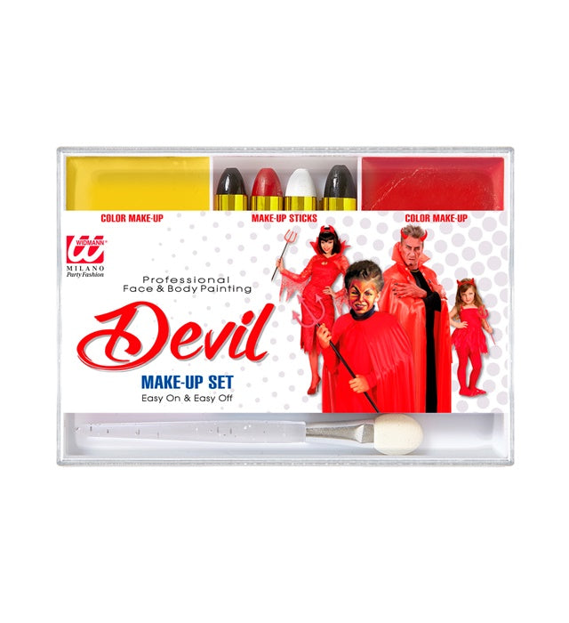 Make-up Set Teufel mit roten und gelben Schminkstiften und Pinsel für Fasnacht und Halloween