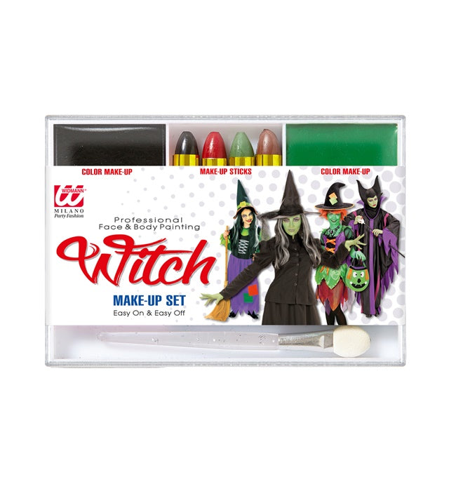 Make-up Set Hexe mit schwarzen und grünen Schminkfarben, Pinsel und Schminkstiften