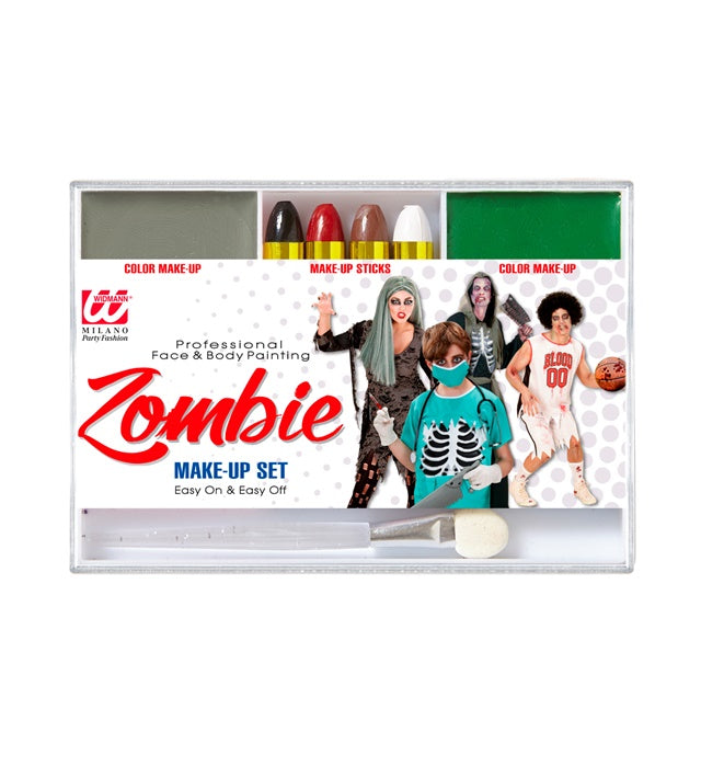 Zombie Make-up Set mit Schminkstiften, grauem und grünem Make-up in Schale und Pinsel